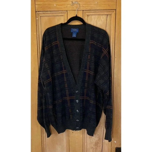Cambridge Classics Mens Made in Italy Plaid Cardigan Sweater Sz. XL Gray VINTAGE - Picture 1 of 10
